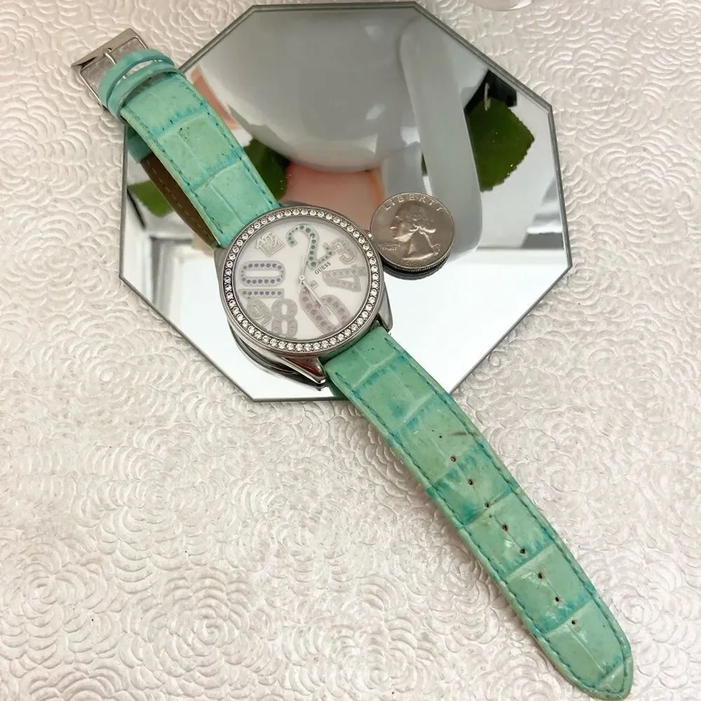 Guess Crystal Accented Bezel and Dial Large Face Watch with Leather Strap